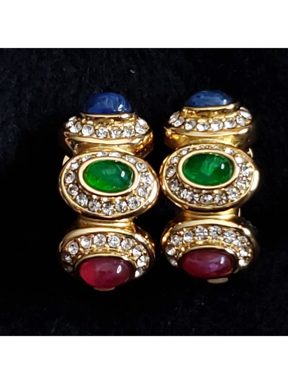 Christian Dior Earrings Gold Tone Rhinestone Cabochon Clip On 1"